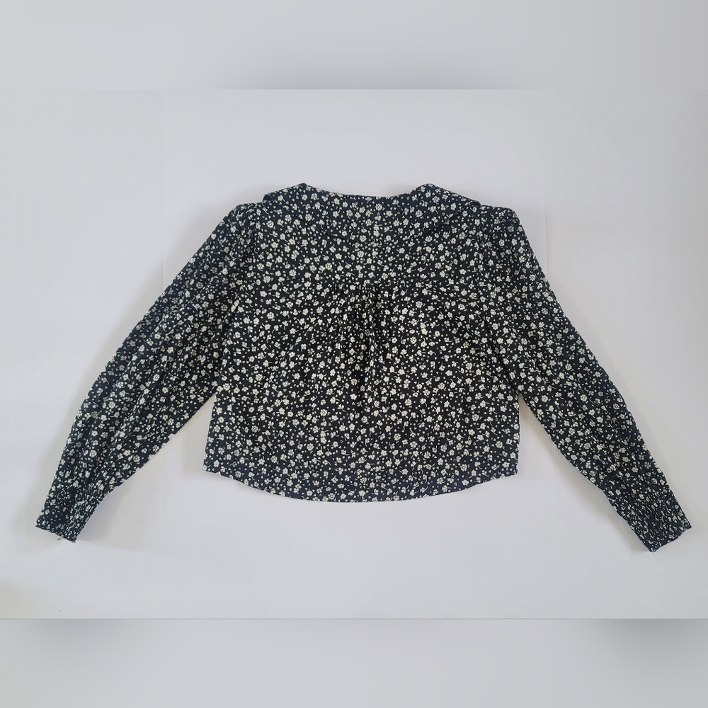 Reformation Black Floral Cropped V-neck Ruffle Blouse, S, Cottagecore Romantic - Picture 10 of 11